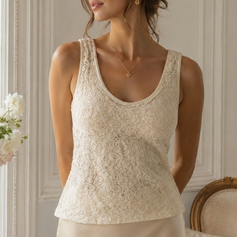 Cinema Etoile Ivory Lace Tank Top XL Vintage Y2K‎ Sleeveless Floral Romantic